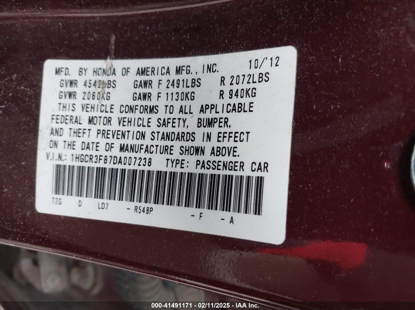 2013 HONDA ACCORD VIN: 1HGCR3F87DA007238