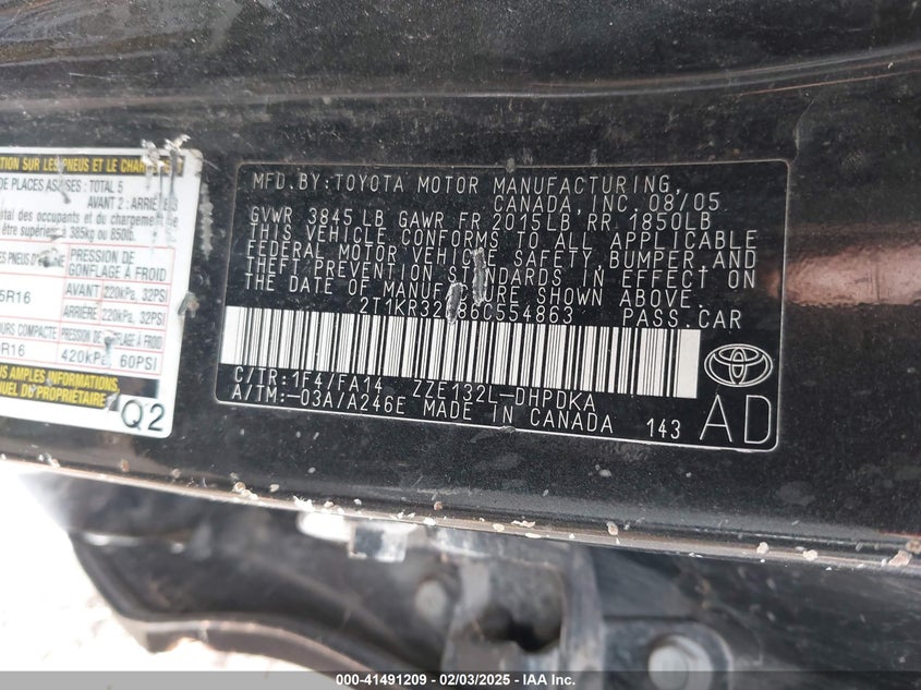 2006 TOYOTA COROLLA MATRIX VIN: 2T1KR32E86C554863