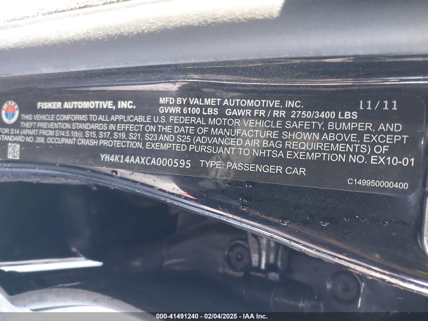 2012 FISKER KARMA VIN: YH4K14AAXCA000595