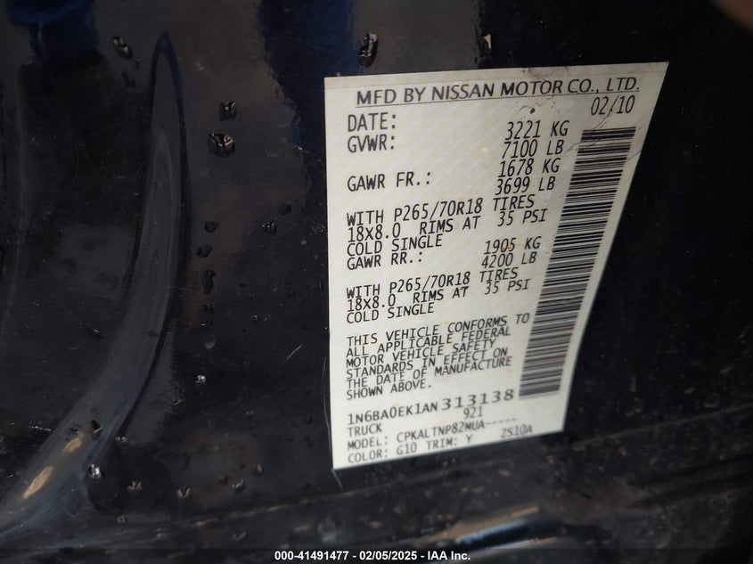2010 NISSAN TITAN VIN: 1N6BA0EK1AN313138