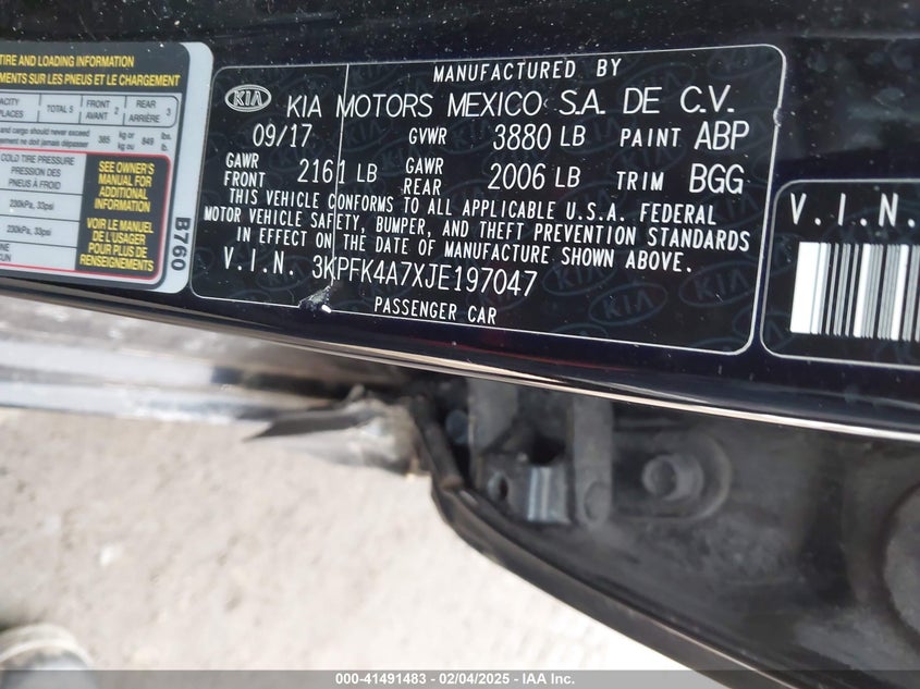 2018 KIA FORTE VIN: 3KPFK4A7XJE197047