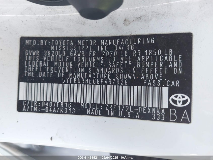 2016 TOYOTA COROLLA VIN: 5YFBURHE6GP497928