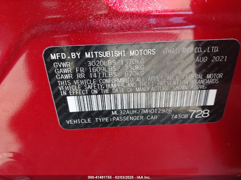2021 Mitsubishi Mirage Carbonite Edition/Es/Le VIN: ML32AUHJ7MH012926 Lot: 41491755