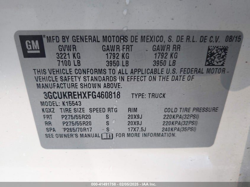 2015 CHEVROLET SILVERADO VIN: 3GCUKREHXFG460818