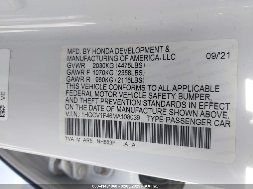 2021 HONDA ACCORD VIN: 1HGCV1F46MA108039