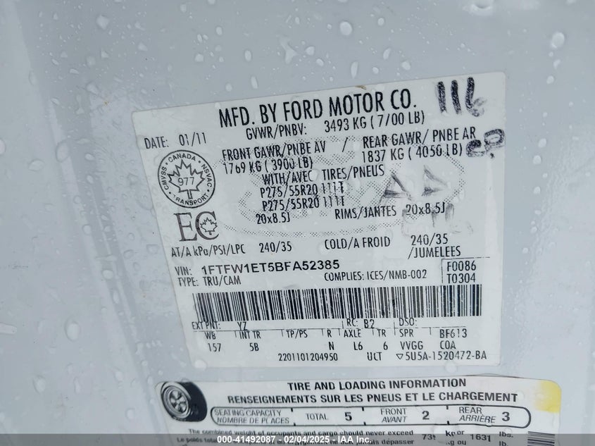 2011 FORD F-150 VIN: 1FTFW1ET5BFA52385
