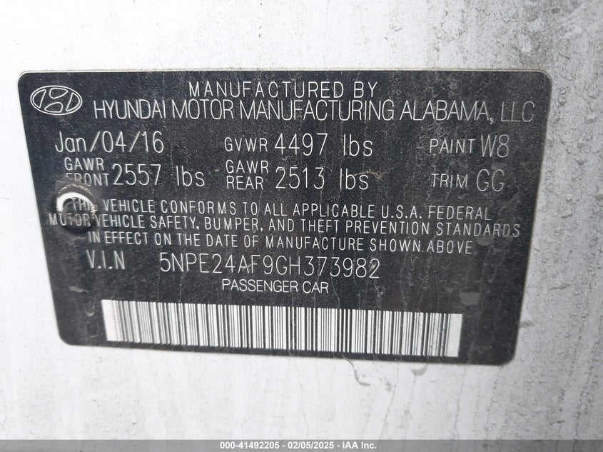 2016 HYUNDAI SONATA VIN: 5NPE24AF9GH373982