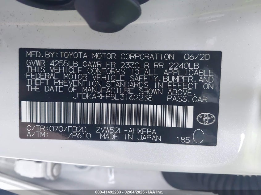 2020 TOYOTA PRIUS PRIME VIN: JTDKARFP5L3162238