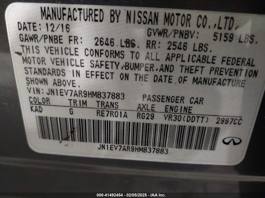 2017 INFINITI Q50 3.0T SIGNATURE EDITION - JN1EV7AR9HM837883