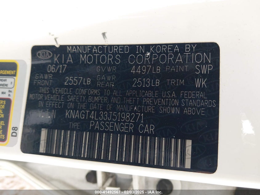 2018 KIA OPTIMA VIN: KNAGT4L33J5198271