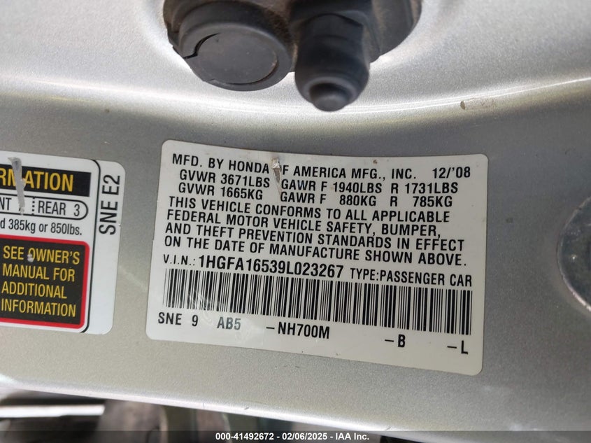 2009 HONDA CIVIC VIN: 1HGFA16539L023267