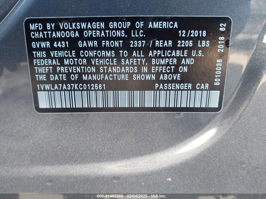 2019 VOLKSWAGEN PASSAT VIN: 1VWLA7A37KC012561
