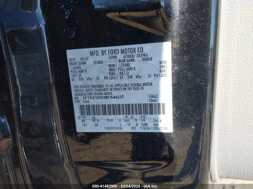 2008 FORD F150 VIN: 1FTRX12W38FA44237