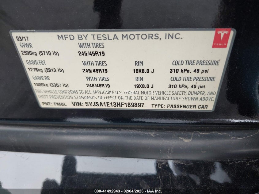 2017 TESLA MODEL S VIN: 5YJSA1E13HF189897