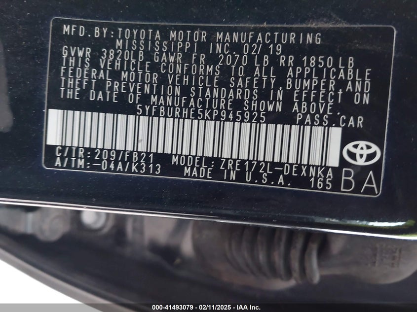 2019 TOYOTA COROLLA VIN: 5YFBURHE5KP945925