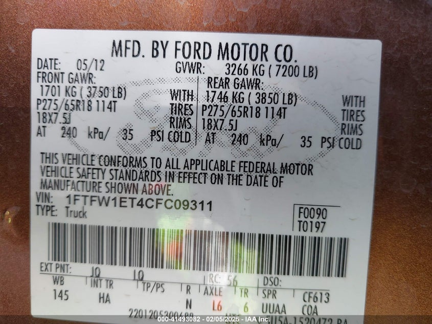 2012 FORD F-150 VIN: 1FTFW1ET4CFC09311