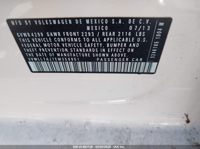 2014 VOLKSWAGEN JETTA VIN: 3VWLL7AJ7EM359951