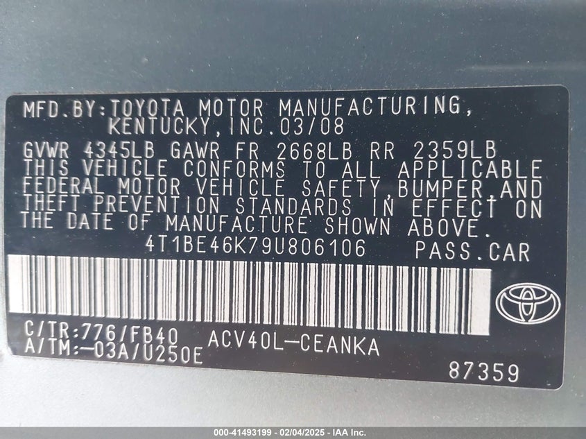 2009 TOYOTA CAMRY VIN: 4T1BE46K79U806106