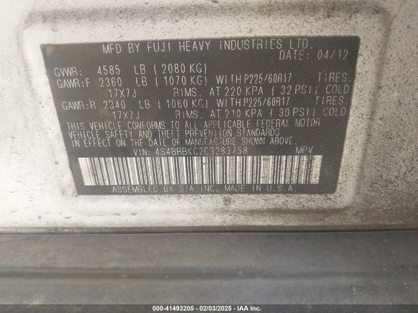 2012 Subaru Outback 2.5I Limited VIN: 4S4BRBKC2C3283758 Lot: 41493205