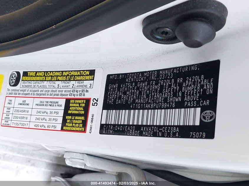 2023 TOYOTA CAMRY 2.5L I-4 DI, DOHC, V(VIN: 4T1G11AK8PU799476