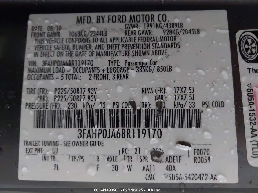 2011 Ford Fusion VIN: 3FA8P0JA6BR119170 Lot: 41493500