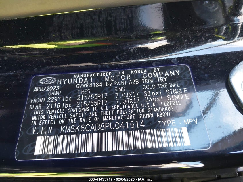 2023 HYUNDAI KONA 2.0L I-4 DOHC, VVT, (VIN: KM8K6CAB8PU041614