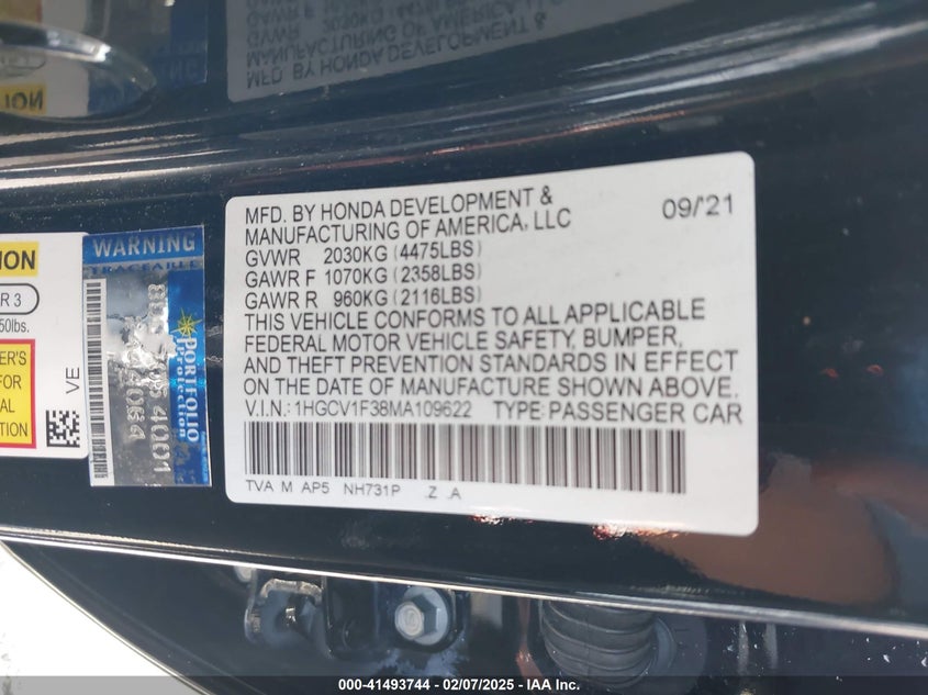 2021 HONDA ACCORD 1.5L I-4 DI, DOHC, V(VIN: 1HGCV1F38MA109622