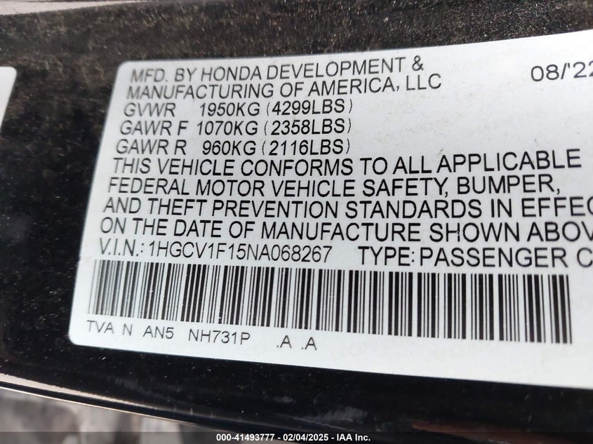 2022 HONDA ACCORD VIN: 1HGCV1F15NA068267