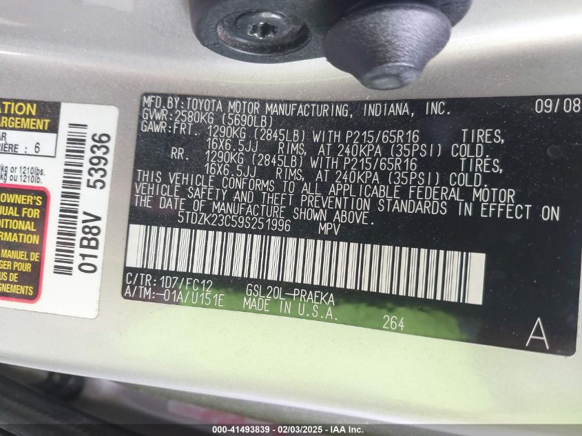 2009 Toyota Sienna Le VIN: 5TDZK23C59S251996 Lot: 41493839