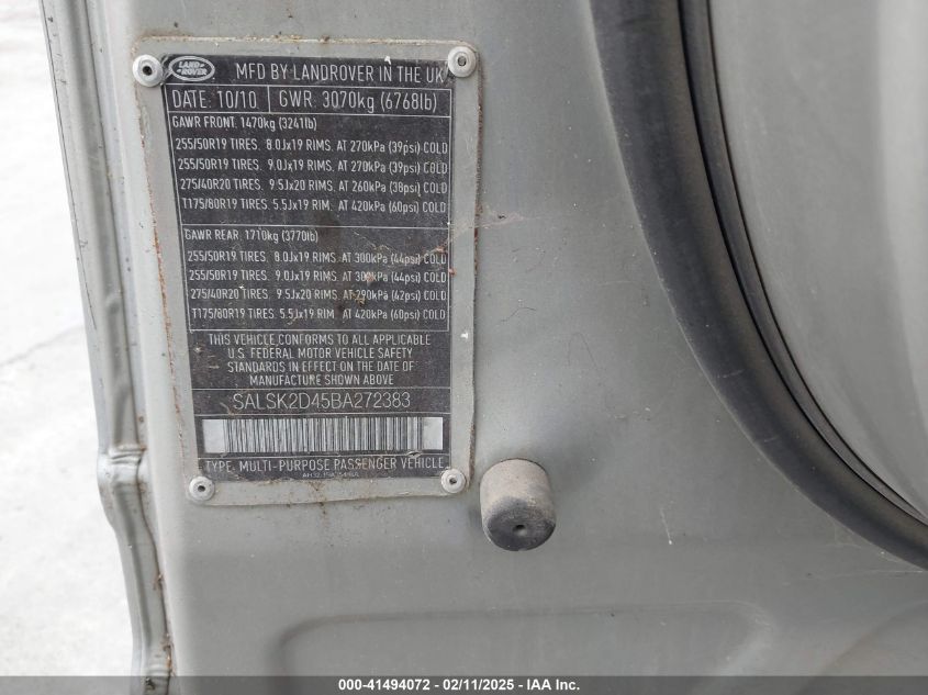 2011 Land Rover Range Rover Sport Hse VIN: SALSK2D45BA272383 Lot: 41494072