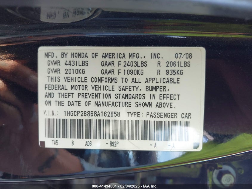 2008 HONDA ACCORD VIN: 1HGCP26868A162658