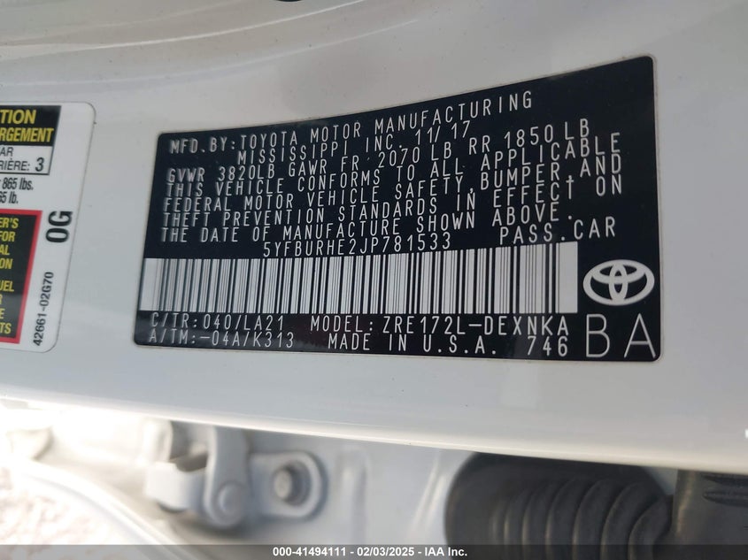 2018 TOYOTA COROLLA VIN: 5YFBURHE2JP781533