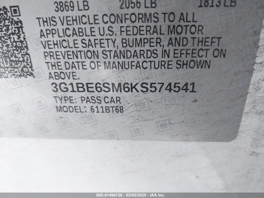 2019 CHEVROLET CRUZE VIN: 3G1BE6SM6KS574541