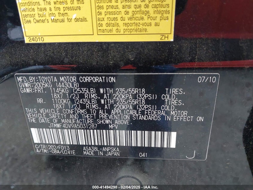 2010 TOYOTA RAV4 VIN: JTMWF4DV9A5031287