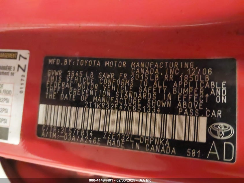 2007 TOYOTA MATRIX VIN: 2T1KR32E47C651334