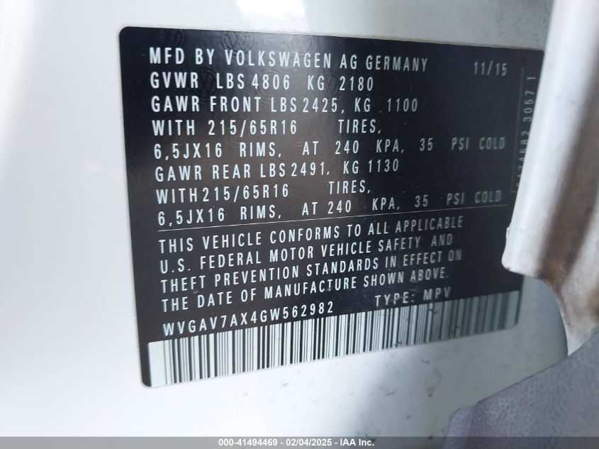 2016 Volkswagen Tiguan S VIN: WVGAV7AX4GW562982 Lot: 41494469
