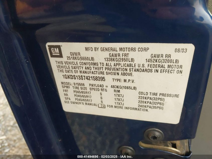 2004 GMC Envoy Sle VIN: 1GKDS13S742158395 Lot: 41494695