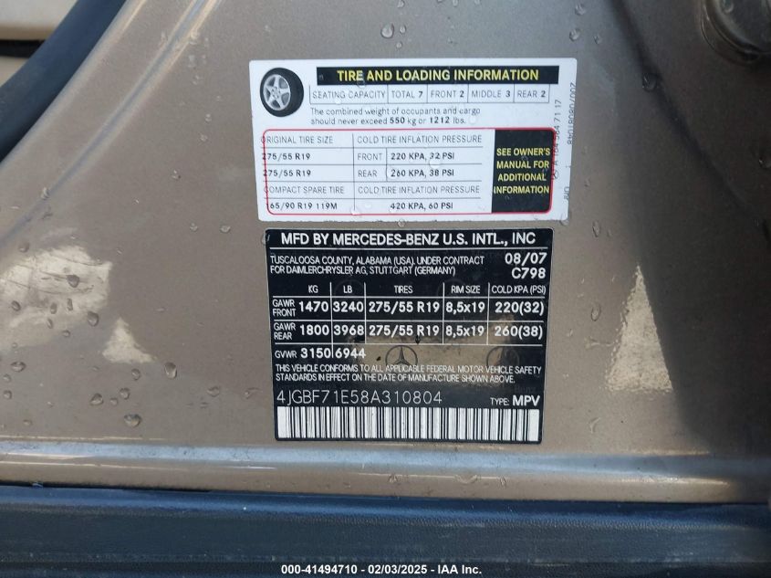 2008 Mercedes-Benz Gl 450 4Matic VIN: 4JGBF71E58A310804 Lot: 41494710