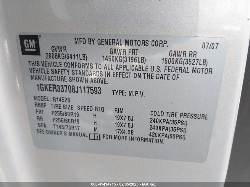 2008 GMC ACADIA VIN: 1GKER33708J117593