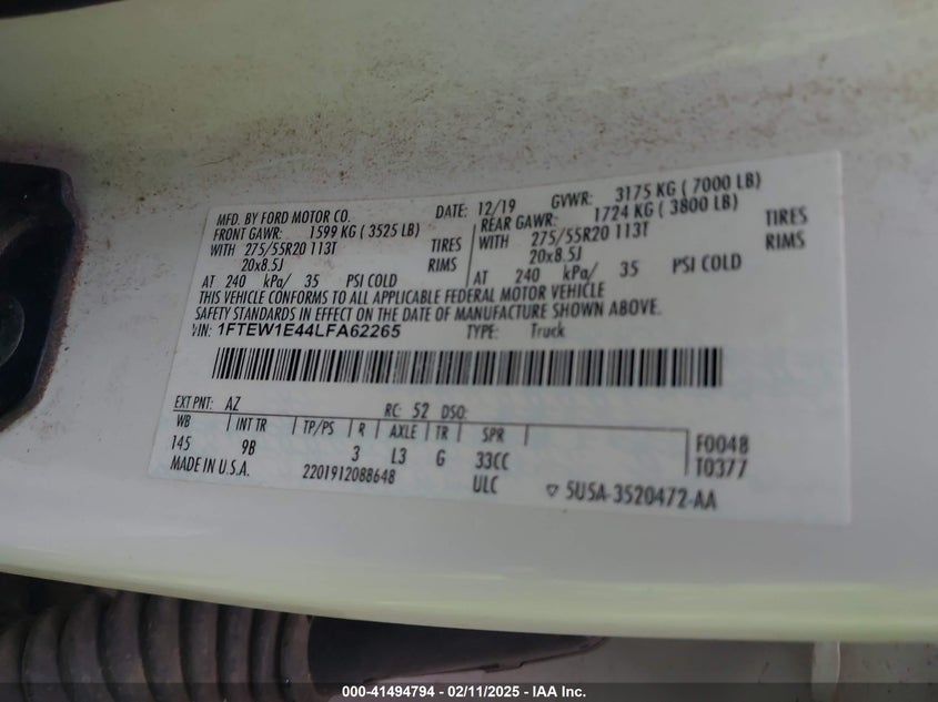 2020 FORD F-150 VIN: 1FTEW1E44LFA62265