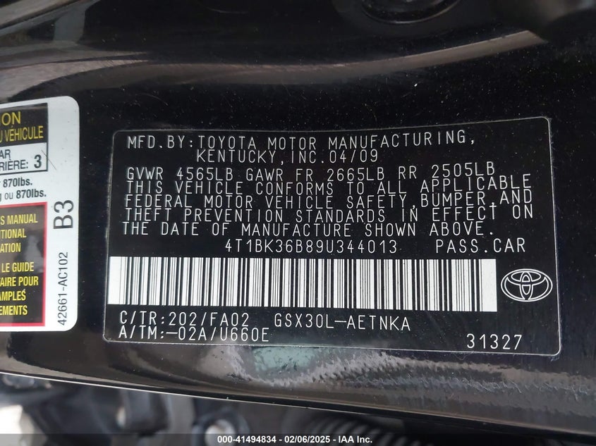 2009 TOYOTA AVALON VIN: 4T1BK36B89U344013