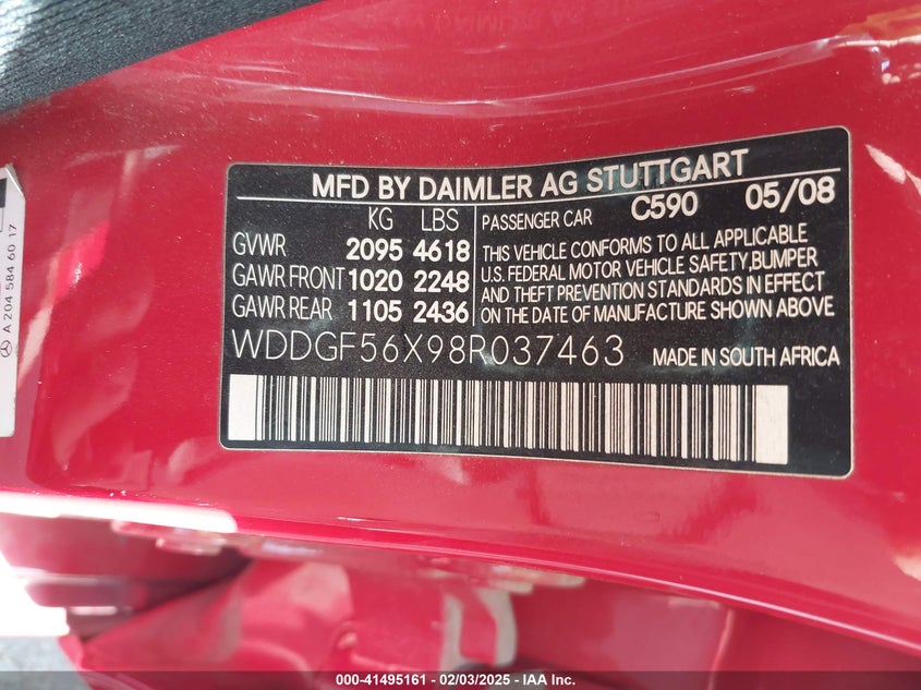 2008 MERCEDES-BENZ C VIN: WDDGF56X98R037463