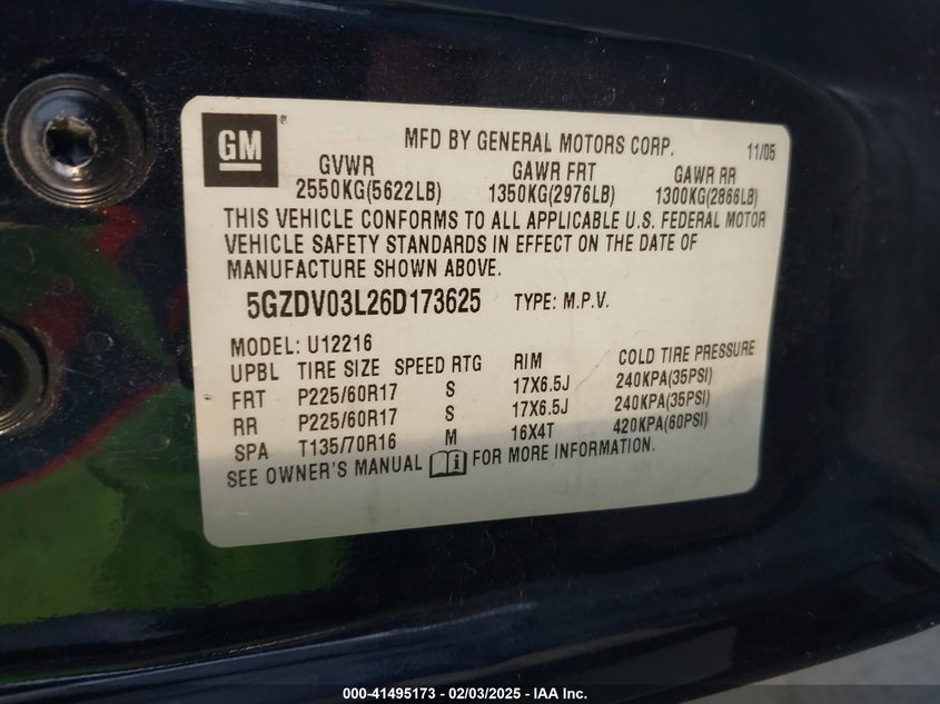 2006 SATURN RELAY VIN: 5GZDV03L26D173625