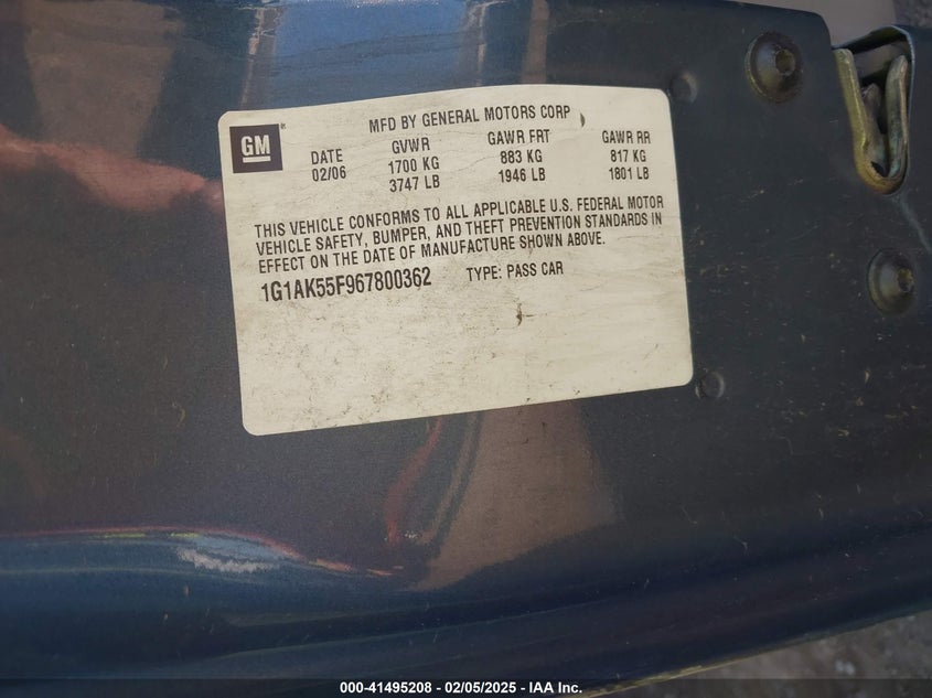 2006 CHEVROLET COBALT VIN: 1G1AK55F967800362