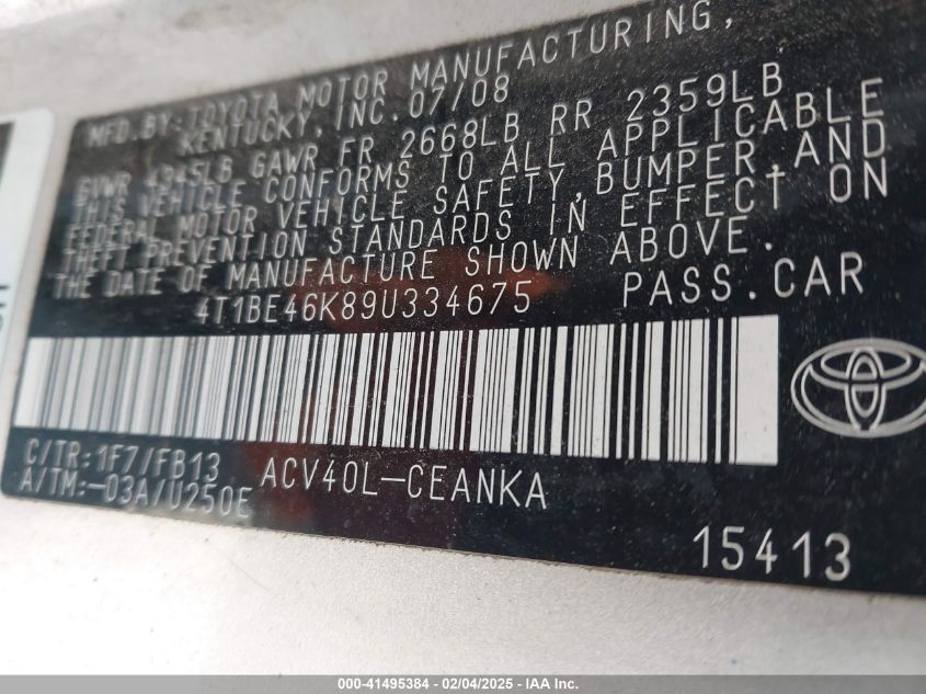 2009 Toyota Camry VIN: 4T1BE46K890884675 Lot: 41495384