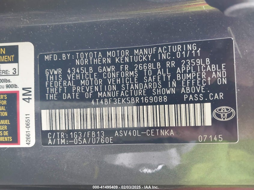 2011 TOYOTA CAMRY VIN: 4T4BF3EK5BR169088