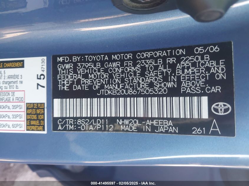 2006 Toyota Prius VIN: JTDKB20U867505320 Lot: 41495597