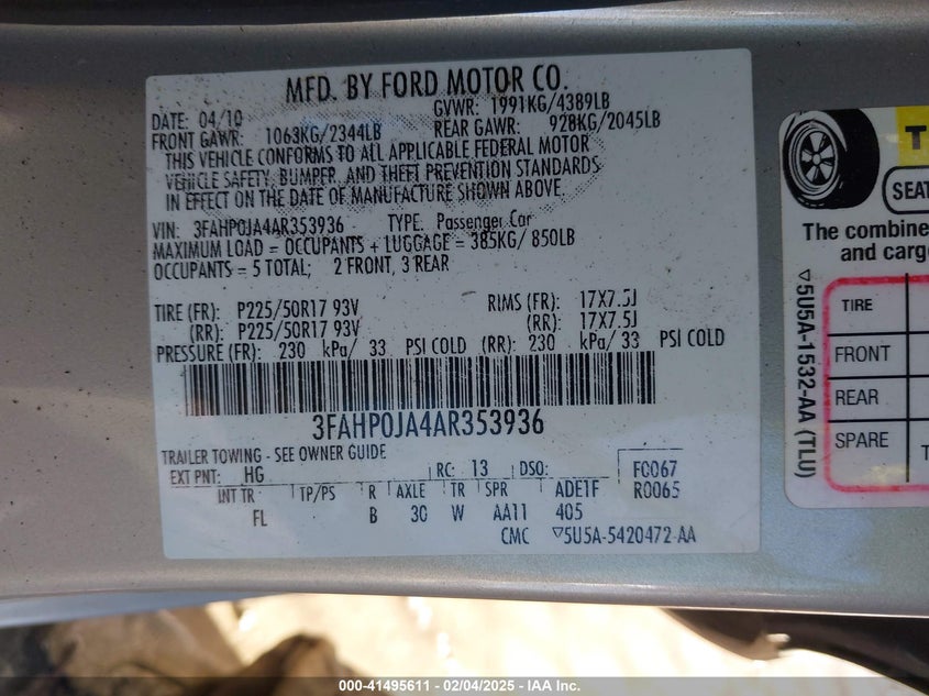 2010 FORD FUSION VIN: 3FAHP0JA4AR353936