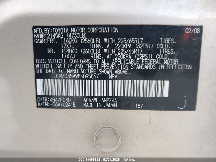 2008 Toyota Rav4 VIN: JTMZD35V985095867 Lot: 41495628
