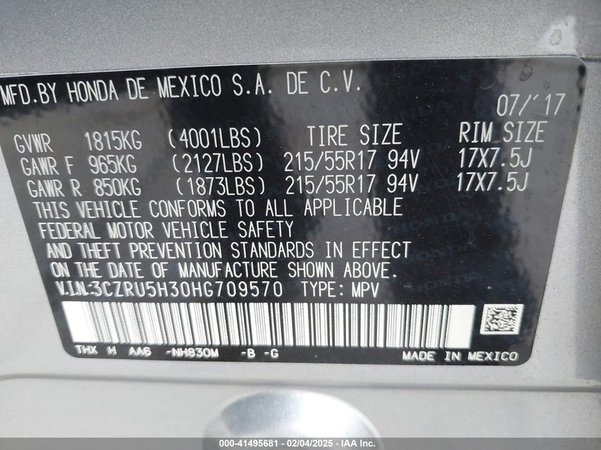 2017 HONDA HR-V LX - 3CZRU5H30HG709570